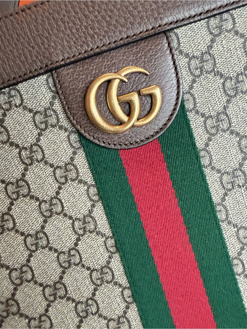 Gucci Brown Monogram tote Bag with Green & Red Web